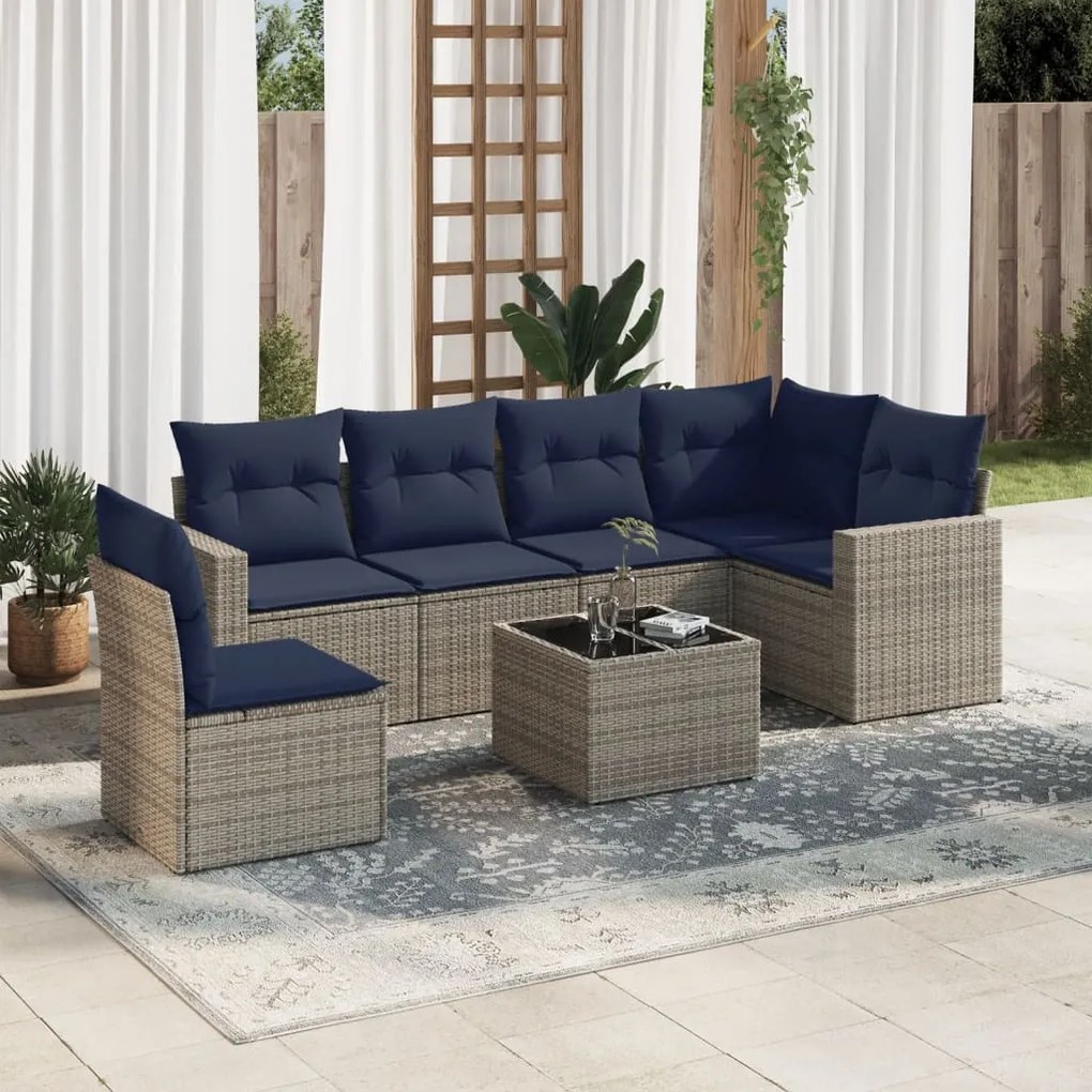 vidaXL 7 pcs conjunto sofás p/ jardim c/ almofadões vime PE cinzento