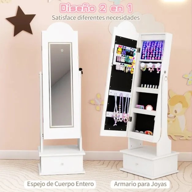 Armário infantil para joias com espelho de corpo inteiro 34 x 30 x 113 cm e 2 ângulos ajustáveis, 4 luzes internas para meninas branco
