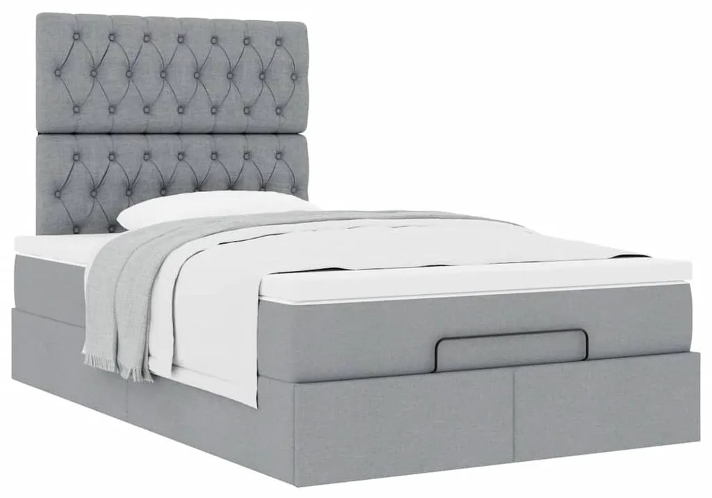 Estrutura de cama otomana com colchão cinza claro tecido