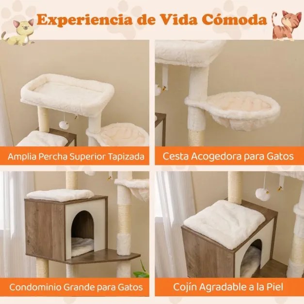 Móvel para areia (CAIXA AREIA NÃO INCLUIDA) de gatos 2 em 1 com arranhador 72 x 45,5 x 155 cm, com 2 comedouros castanho