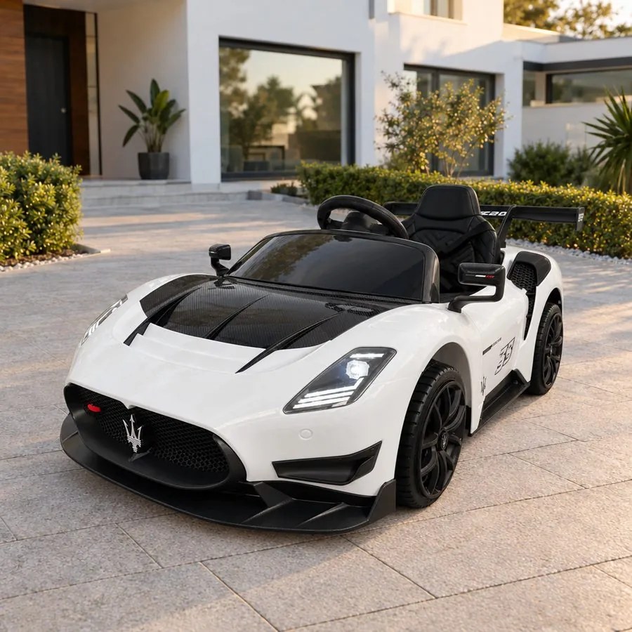 Carro elétrico para crianças Maserati GT2 12V 2.4G, Rodas Borracha, Assento imitação pele Branco