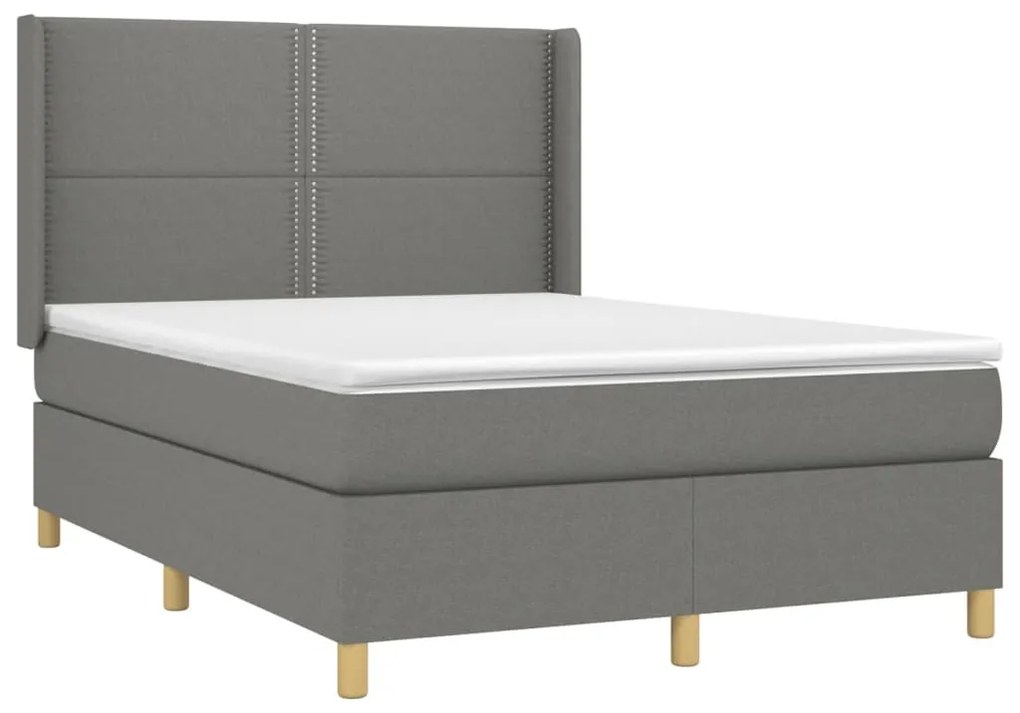 Cama box spring c/ colchão e LED 140x190 cm tecido cinza-escuro