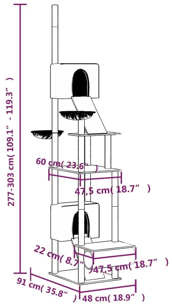 Árvore gatos altura ajustável chão-teto 277-303 cm cinza-claro