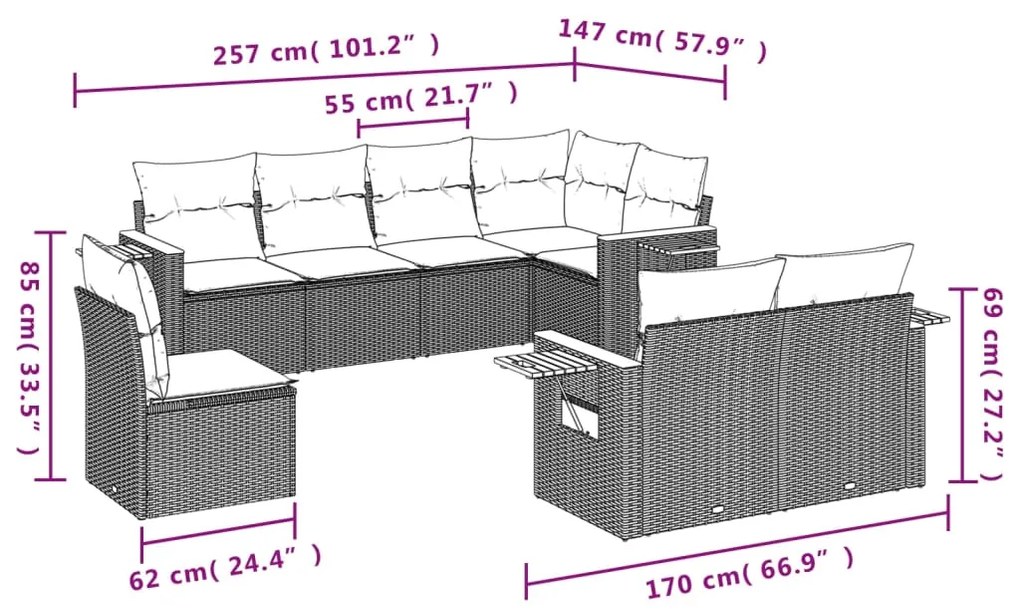 8 pcs conjunto sofás p/ jardim c/ almofadões vime PE cinzento