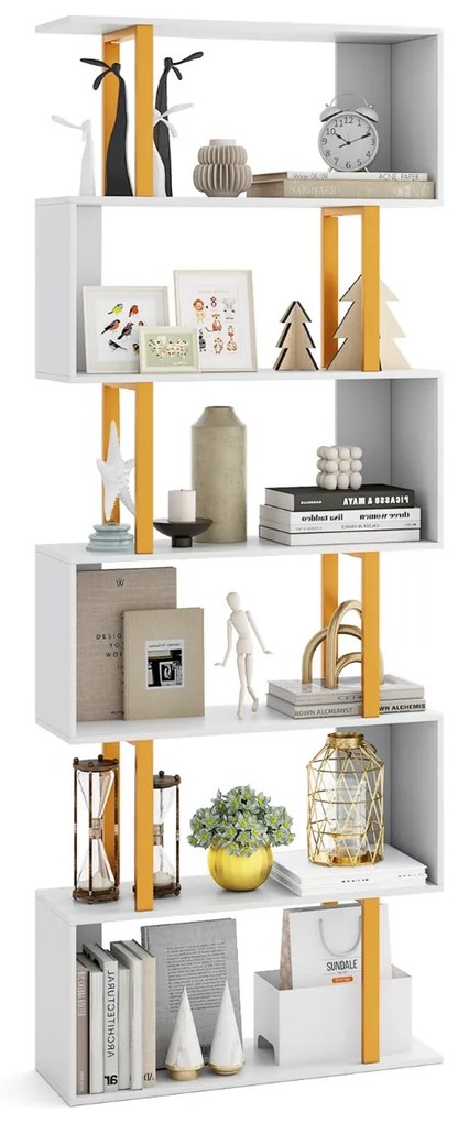 Estante geométrica em forma de S de 6 níveis 70 x 24 x 189 cm com estrutura metálica moderna Branco + Dourado
