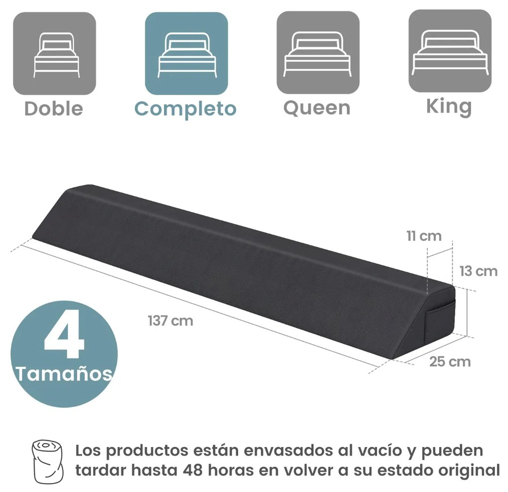 Almofada em forma de cunha de 137 cm para cama de cabeceira com 2 bolsos Capa lavável para fechar o espaço Cinza