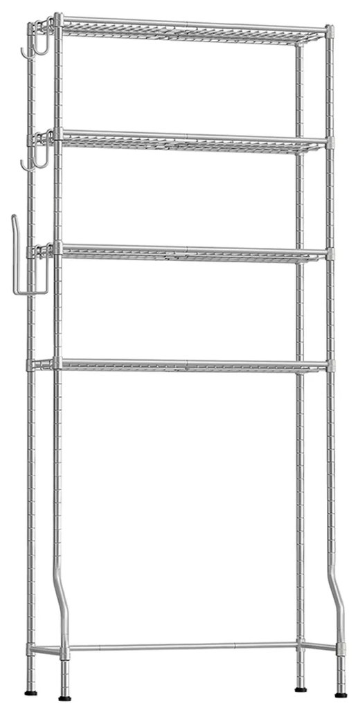 SONGMICS Suporte de vaso sanitário de 4 níveis, prateleira de metal, prateleiras ajustáveis, 4 ganchos, suporte para rolos, organizador de prateleiras para banheiro que economiza espaço, 30 x 83 x 176 cm, cinza prateado BTS023G01