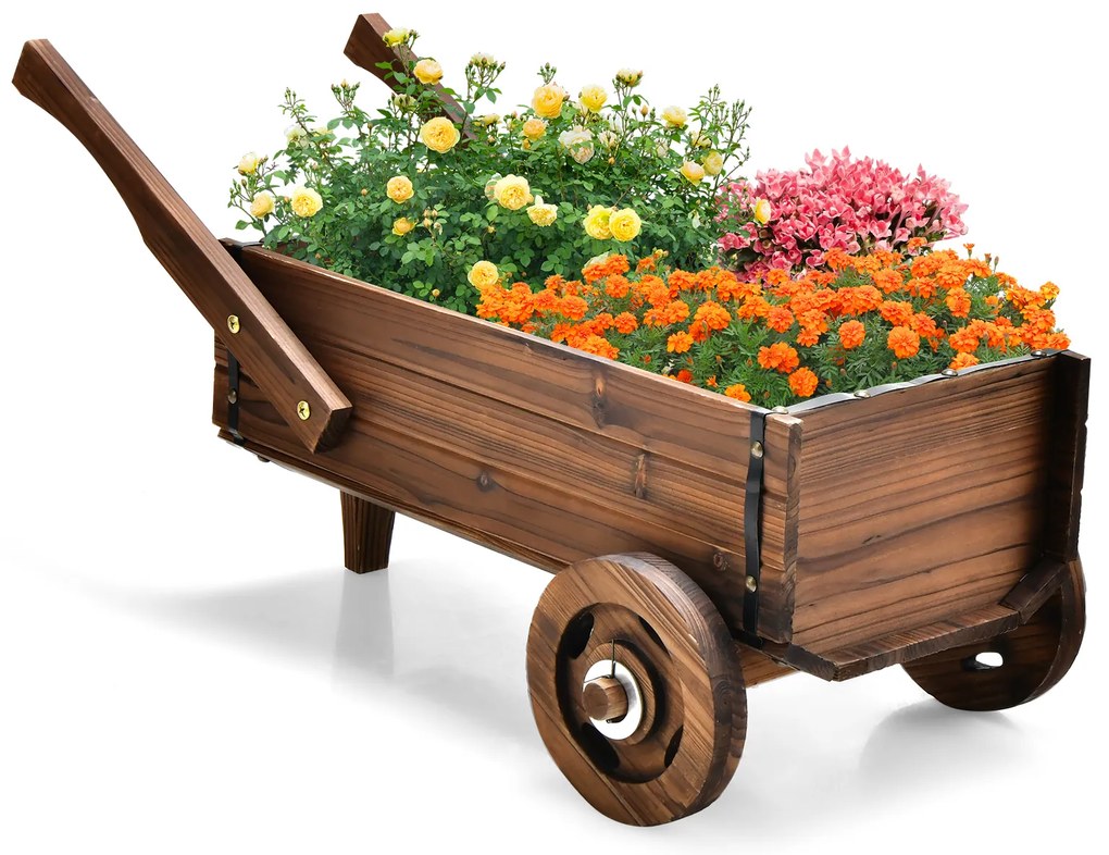 Carrinho de madeira decorativo com rodas e furo de drenagem - marrom rústico