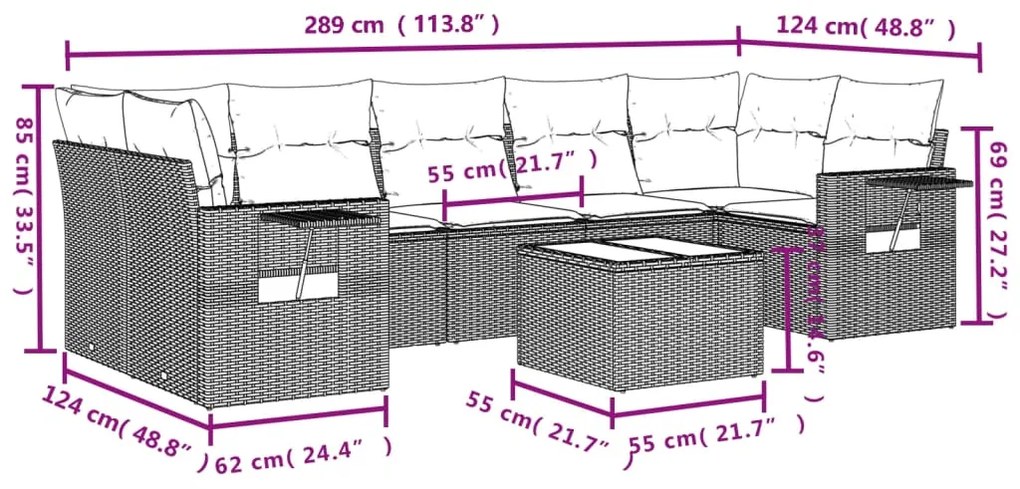 8 pcs conjunto sofás de jardim c/ almofadões vime PE castanho