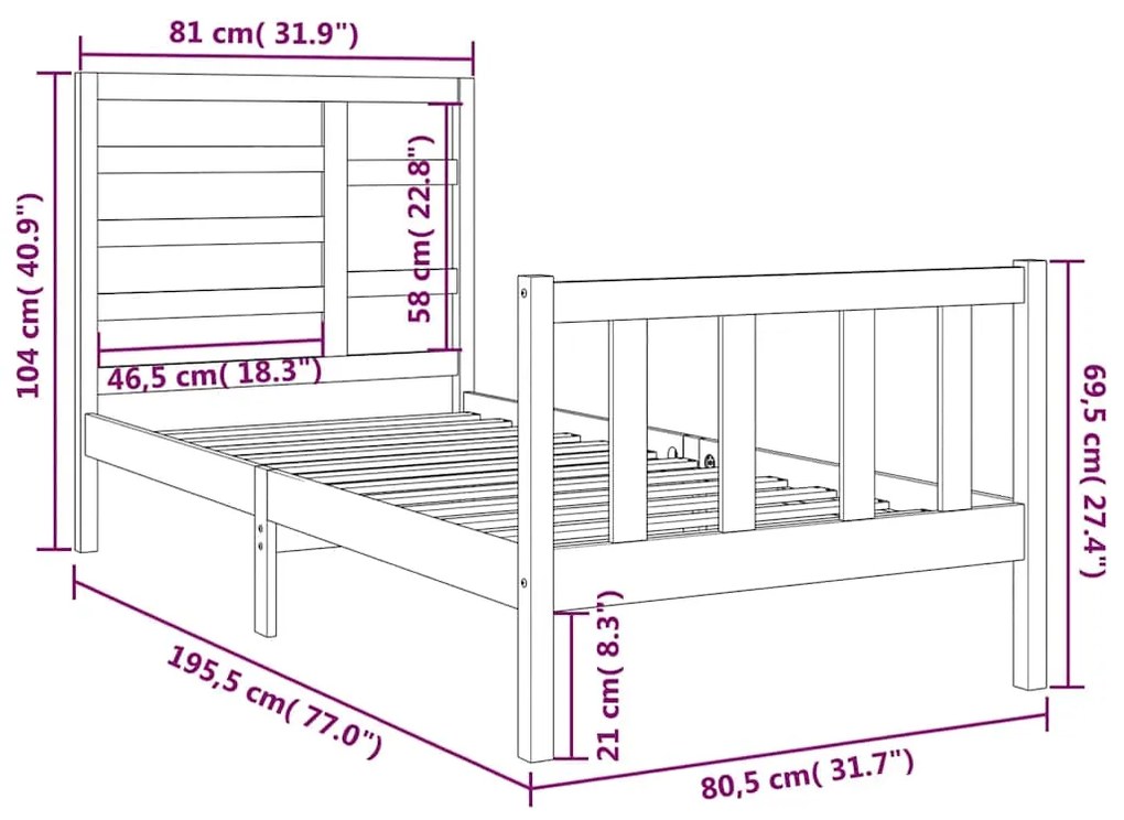 Estrutura cama pequena solteiro 75x190 cm madeira maciça preto