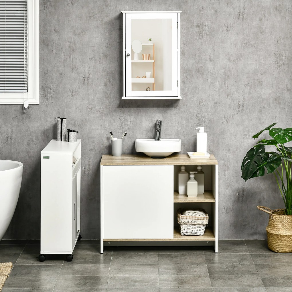 Móvel para Lavatório Pousar Móvel Casa de Banho Moderno com Prateleiras Abertas e Armário 77x45x60 cm Branco e natural