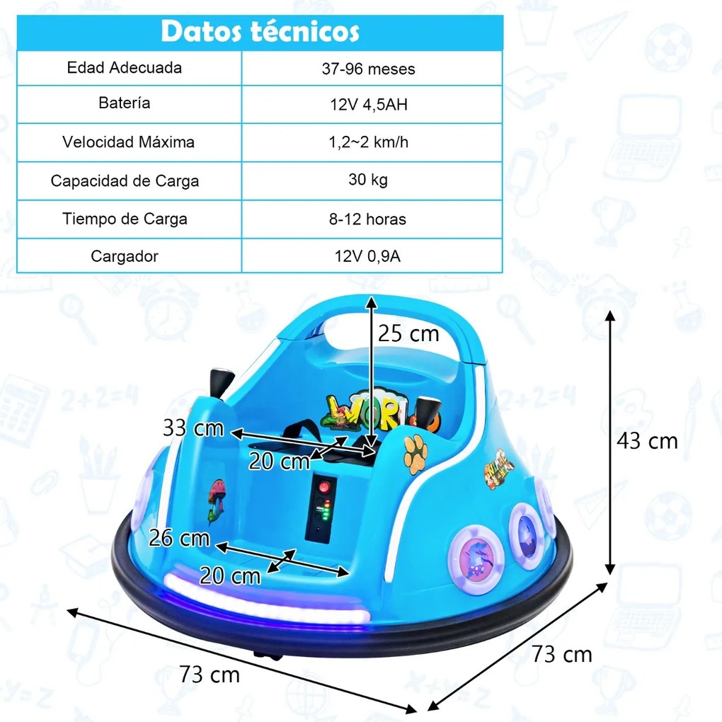 Carrinho de choques para crianças 12V com rotação de 360°, Luzes, controlo remoto, Música  73 x 73 x 43cm Azul