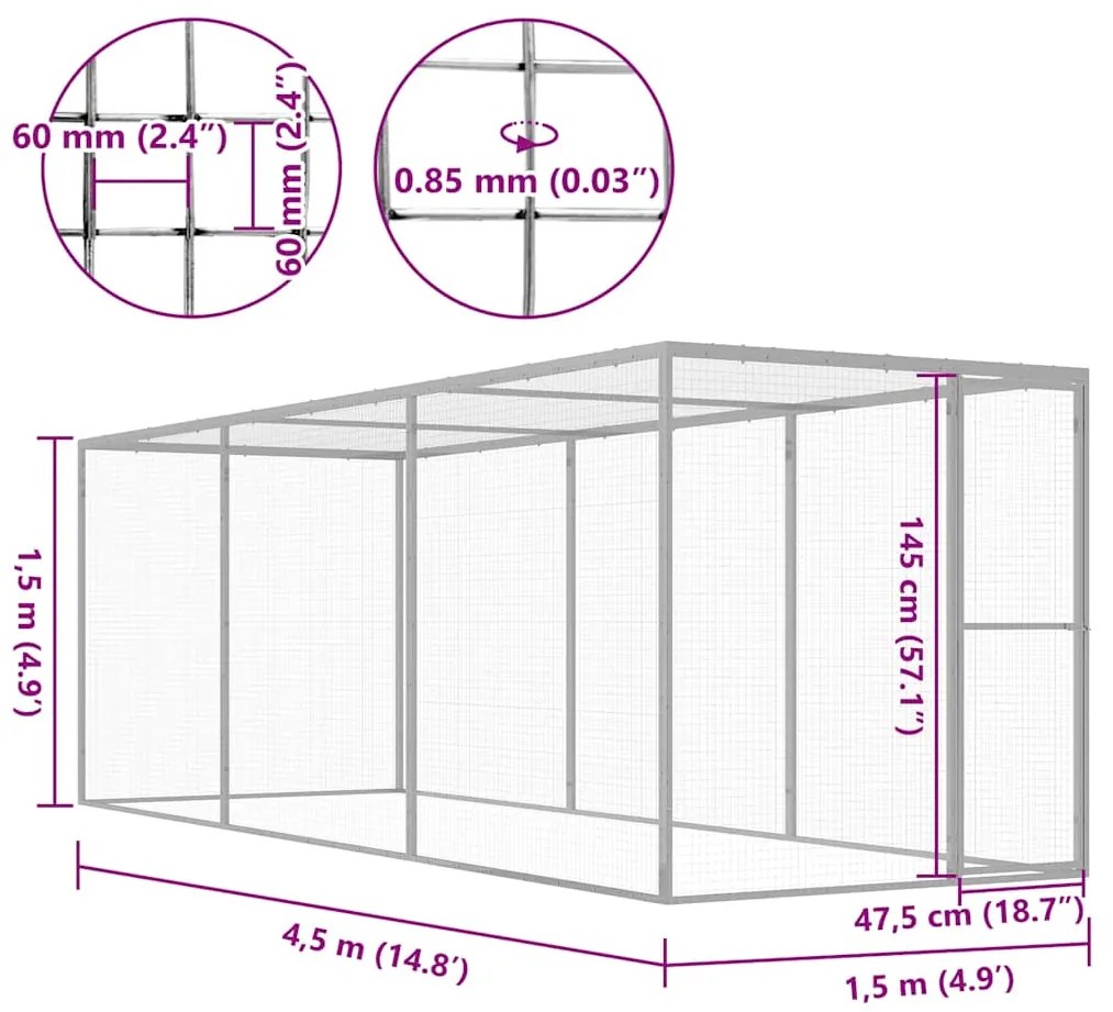 Jaula para gatos 4,5x1,5x1,5 m aço galvanizado