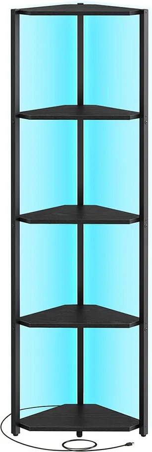 Estante de canto com 5 prateleiras 24,8 x 48 x 146,6 cm, estante para livros com iluminação LED ajustável Preta