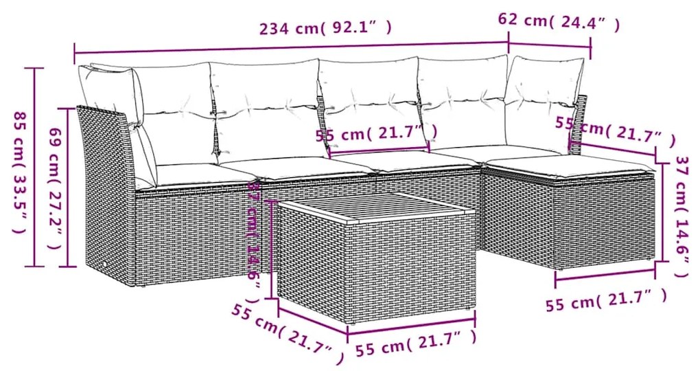 6 pcs conjunto sofás de jardim c/ almofadões vime PE preto