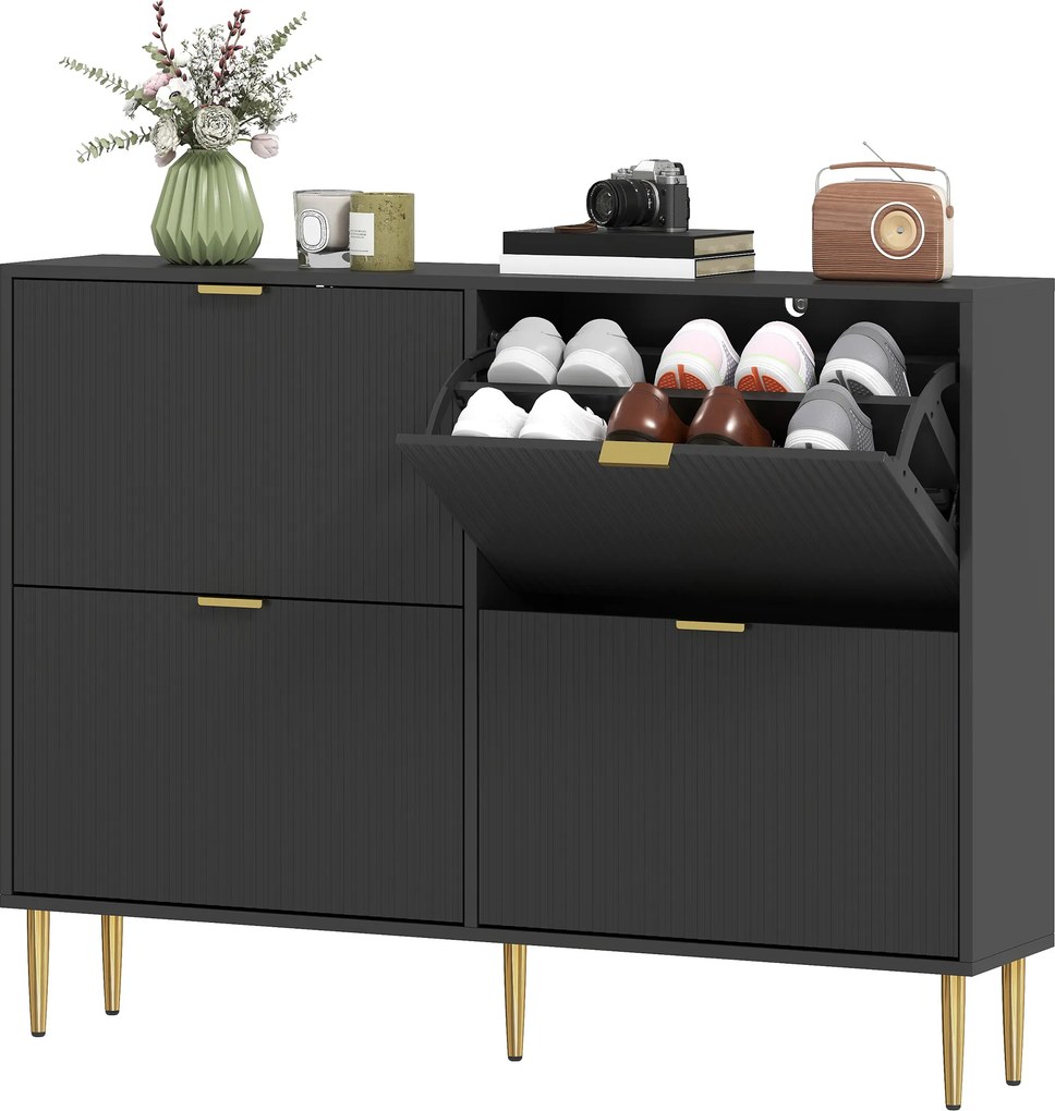 Sapateira com capacidade para 20 pares 105 x 24 x 91,5 cm, com 4 gavetas rebatíveis, portas caneladas e prateleiras ajustáveis, preto