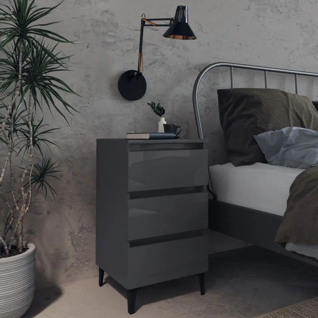 vidaXL Mesa cabeceira c/ pernas metal 40x35x69 cm cinzento brilhante