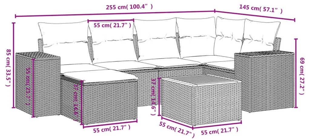 7 pcs conjunto de sofás p/ jardim c/ almofadões vime PE preto