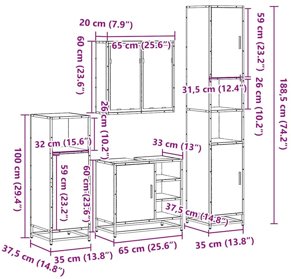 4 pcs Conjunto móveis casa de banho madeira proc. cinza sonoma