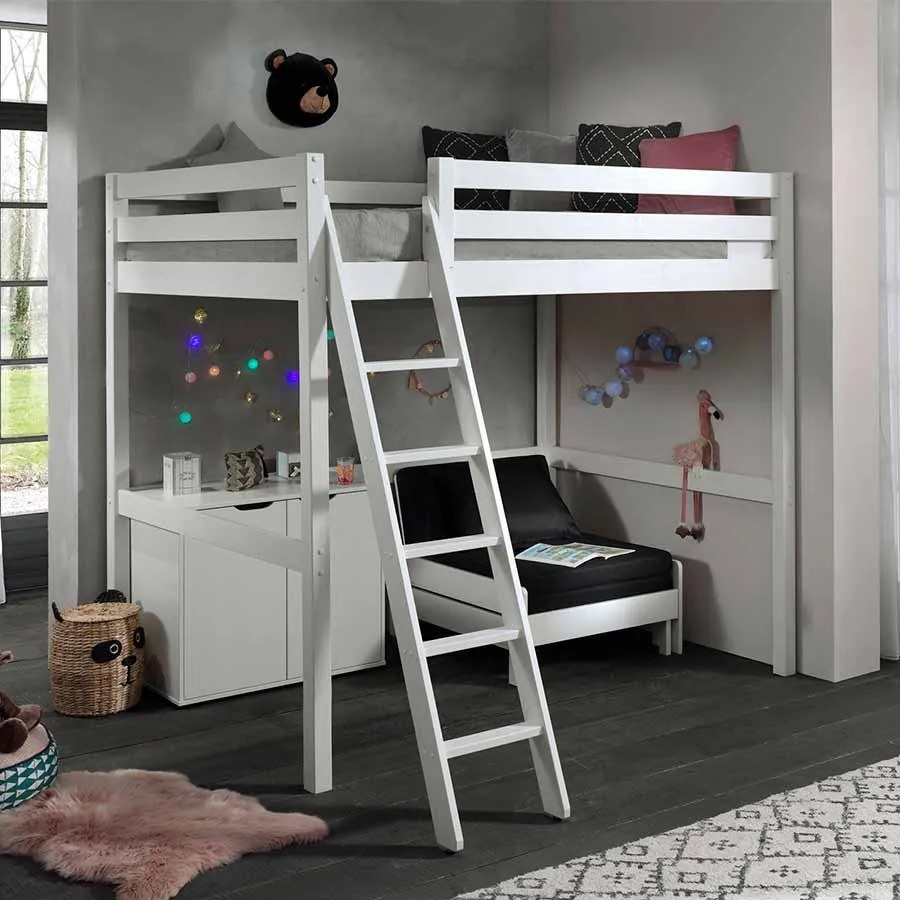 Cama alta de Criança PINO 140 x 200 cm + estrado + escada + armário com 2 portas + sofá-cama Branca