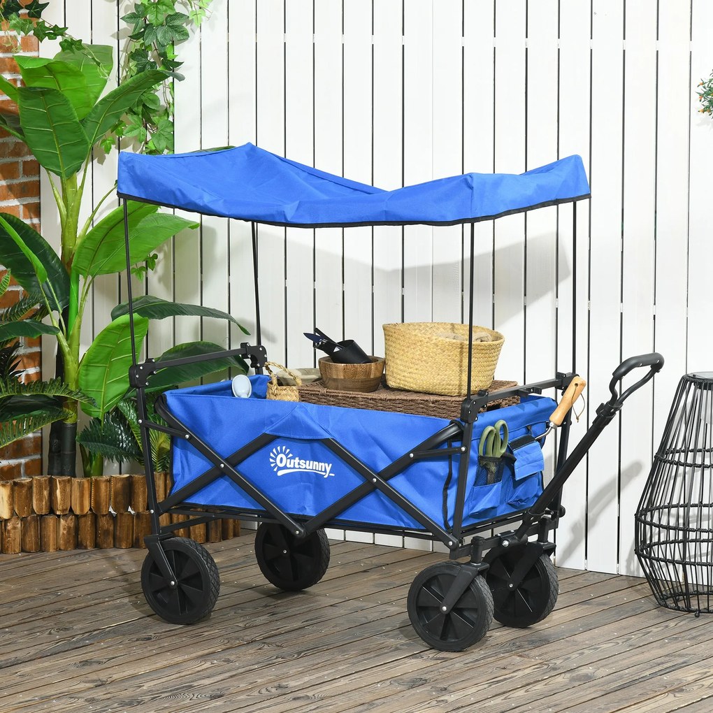 Carrinho de Transporte Dobrável com Toldo Removível e Alça Ajustável Capacidade 100 kg para Campismo 97x52x105 cm Azul