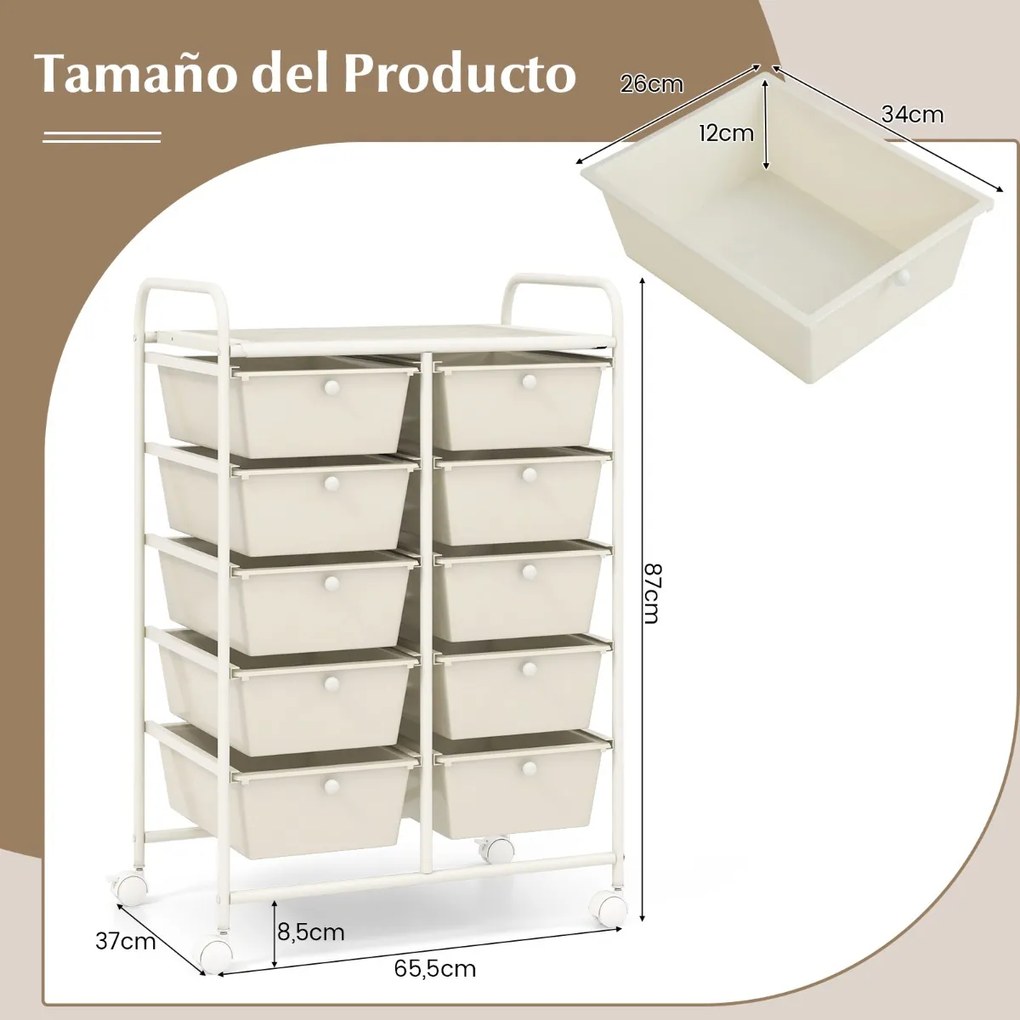 Carrinho móvel multiusos com 10 gavetas organizador multiusos com rodas 65,5 x 37 x 87 cm Branco