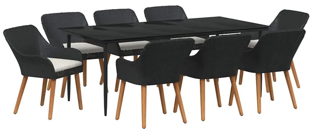 Conjunto de Jantar de 9 Peças Preto em Rattan e Poliéster