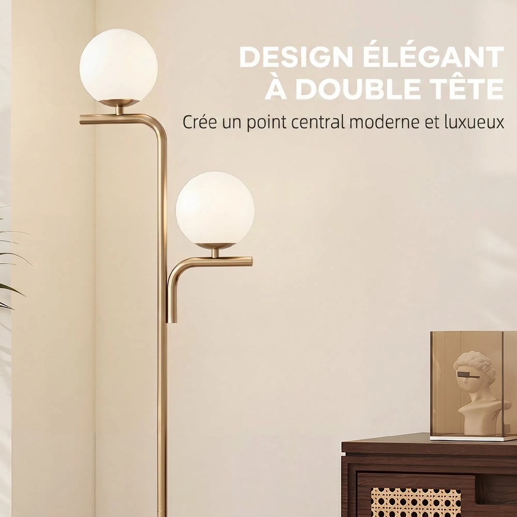 Candeeiro de pé para sala com duas cabeças, candeeiro de pé com 3 temperaturas de luz, abajur de vidro, dourado