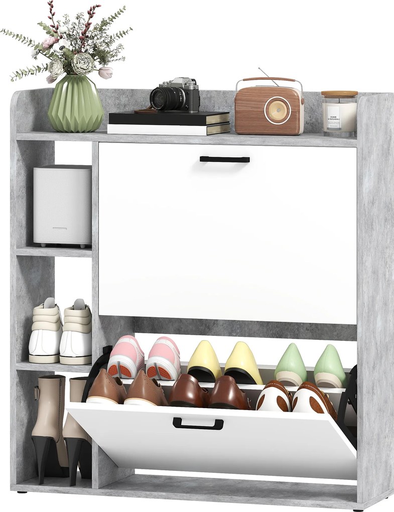 Sapateira com capacidade para 15 pares, armário moderno com 2 gavetas rebatíveis, 83 x 24 x 90,5 cm, branco e cinzento