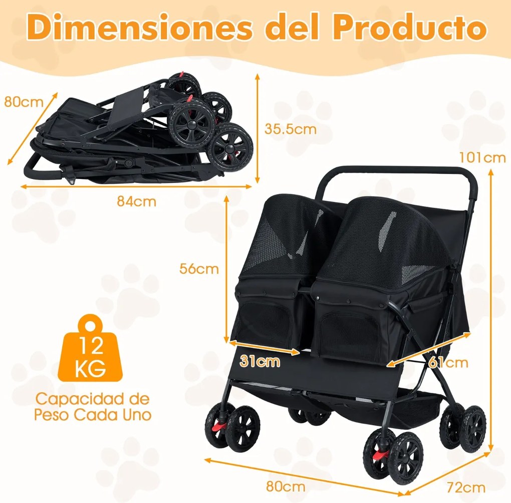 Carrinho duplo dobrável para animais de estimação com 2 assentos, guarda-sol ajustável e cesto de armazenamento para passeios, Preto