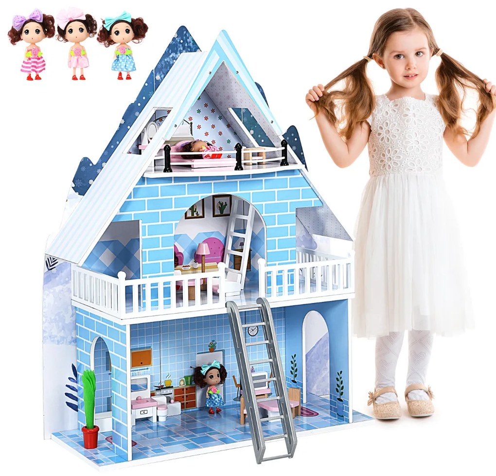 asa de Bonecas de Madeira Casa de Brinquedos com 3 Pisos 15 Móveis e 3 Bonecas Dispositivo Antitombo Materiais Seguros para Crianças +3 Anos