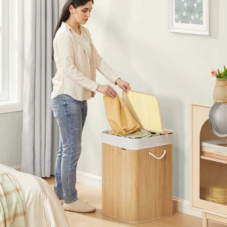 Cesto para roupa suja em bambu 40 x 40 x 61 cm cor natural