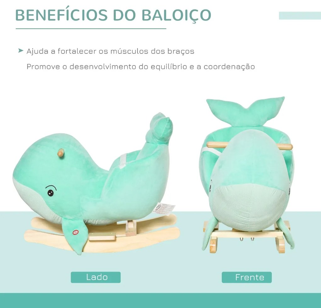 Baloiço com Forma de Baleia para Crianças de 18-36 Meses Baloiço de Pelúcia com Sons Cinto de Segurança e Apoio para os Pés 60x33x50cm Turquesa