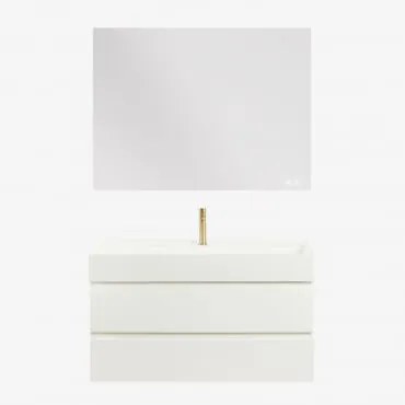 Conjunto De Móvel De Casa De Banho Suspenso Em Madeira E Folha De Freixo Com Lavatório Integrado Ona Branco & Retangular Led - Sklum