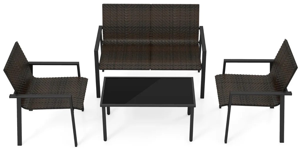 Conjunto de móveis jardim de 4 peças com estrutura metálica galvanizada robusta em vime Castanho