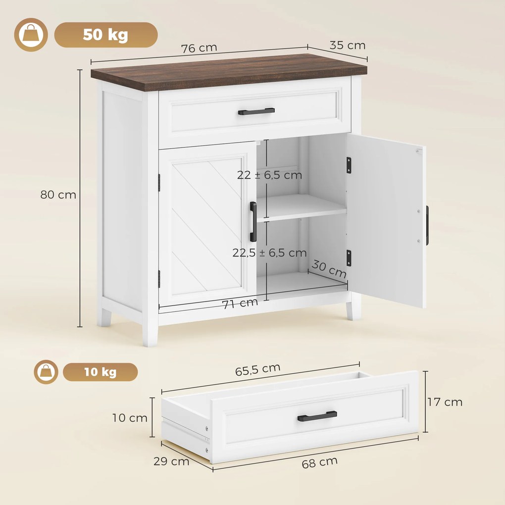 Aparador de sala 76 x 35 x 80 cm,, móvel de arrumação com 2 portas, gaveta e prateleira ajustável, branco