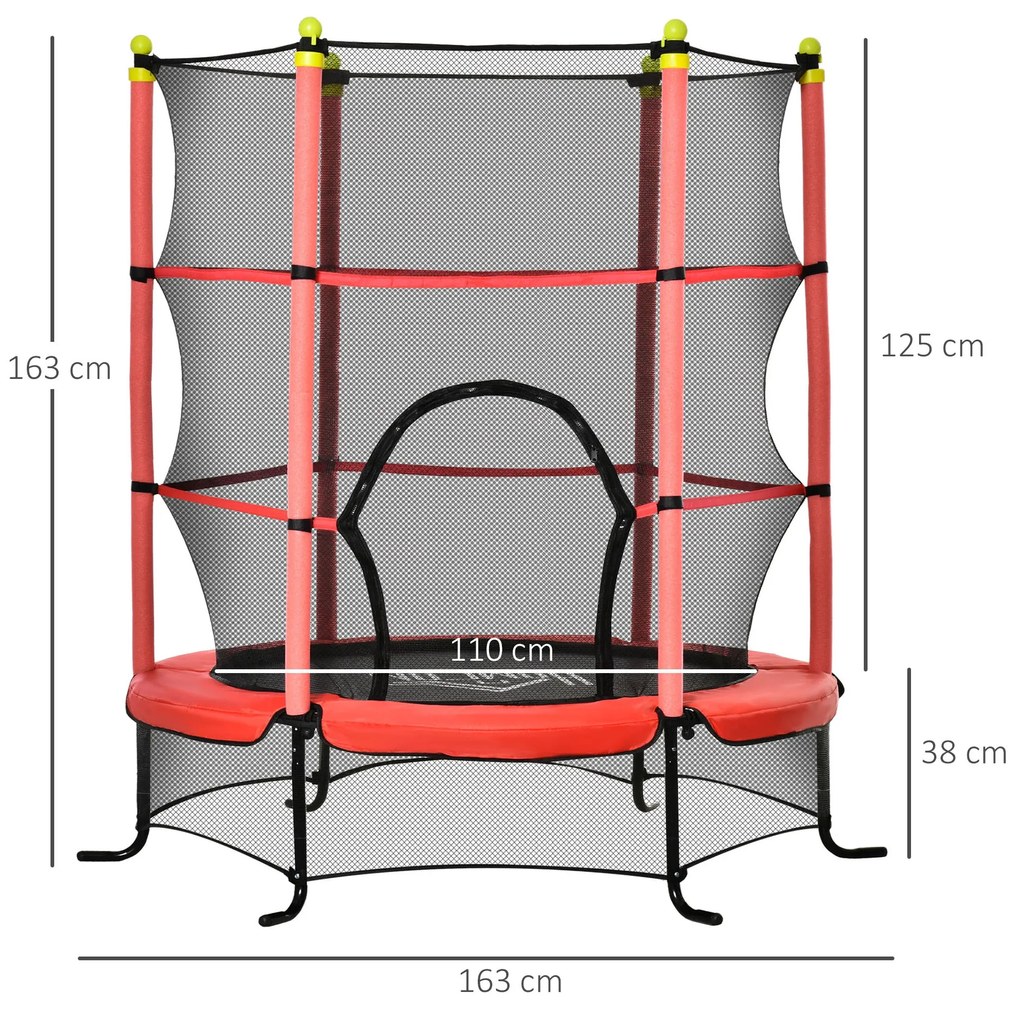 Trampolim para Crianças acima de 3 Anos Cama Elástica Infantil com Rede de Segurança e Estrutura de Aço para Interiores e Exteriores Carga 45kg 163x16