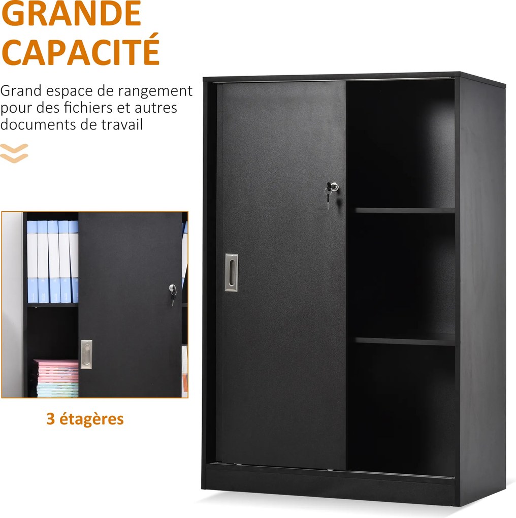 Armário de escritório com 2 portas de correr com fechadura, 80 x 40 x 120 cm, 2 prateleiras, painéis de aglomerado preto