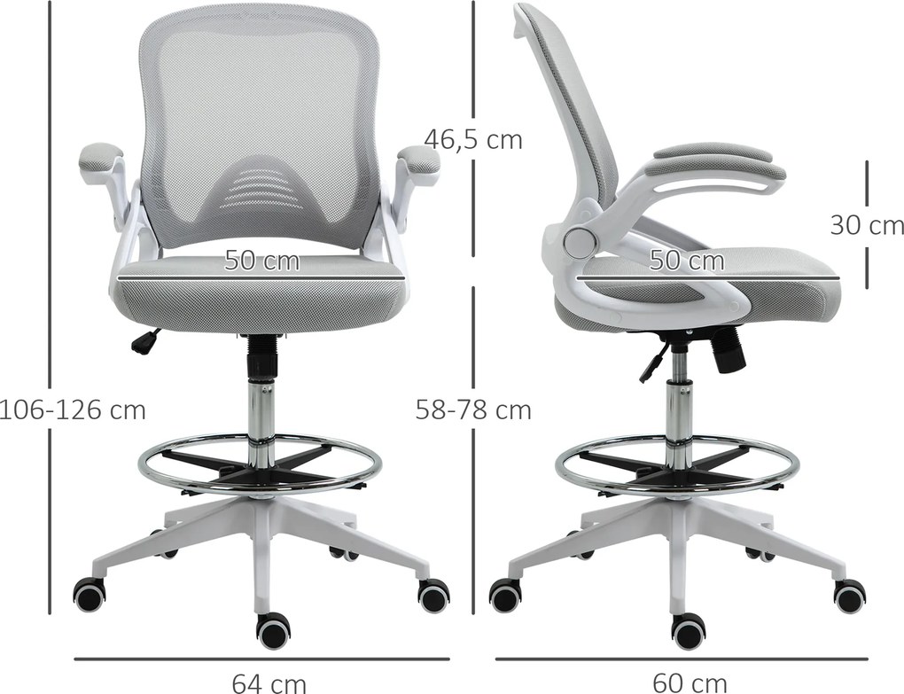 Cadeira de escritório, assento ajustável e rotação de 360°, tecido respirável 64 x 60 x 106-126 A cm, cinzento e branco