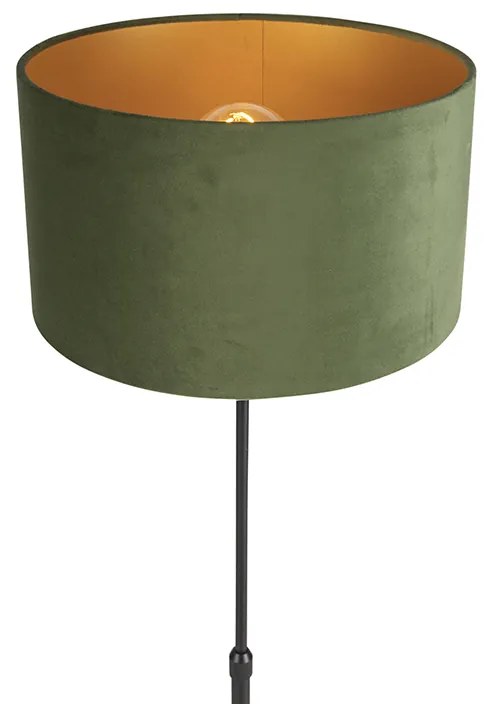Candeeiro de pé preto com abajur de veludo verde com dourado 35 cm - Parte Country / Rústico
