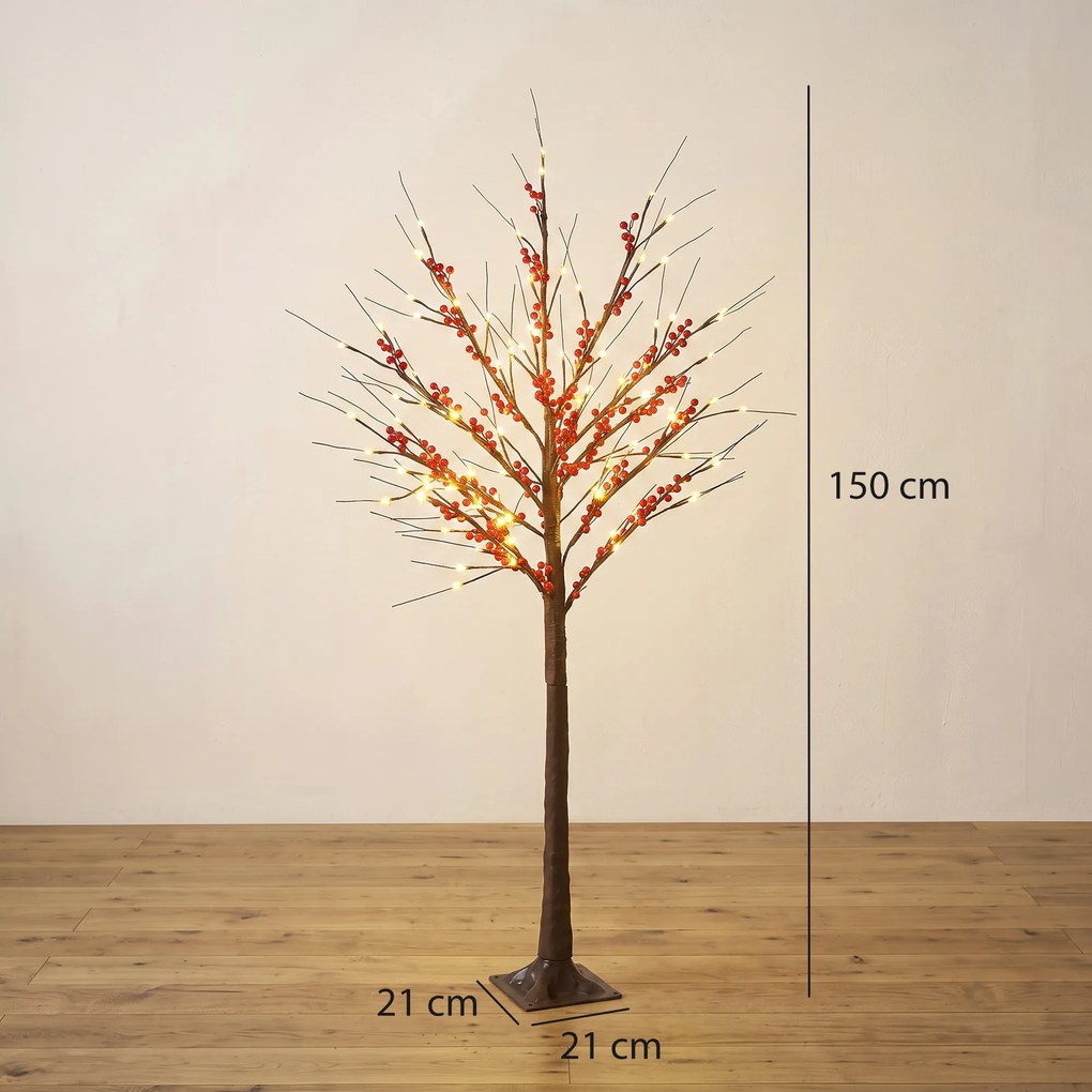 Árvore de Bétula Artificial 150 cm com Bagas Vermelhas 96 LED Temporizador e 12 Ramos Flexíveis