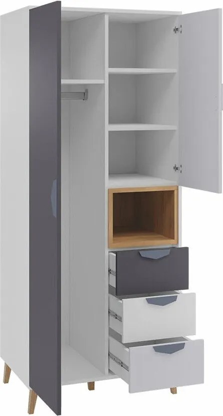 Roupeiro Domvera 101, Cinzento, Carvalho lefkas, Branco, Grafite, 190x80x55cm, 80 kg, Portas para roupeiro: Com dobradiças, Número de prateleiras: 4, Número de prateleiras: 4