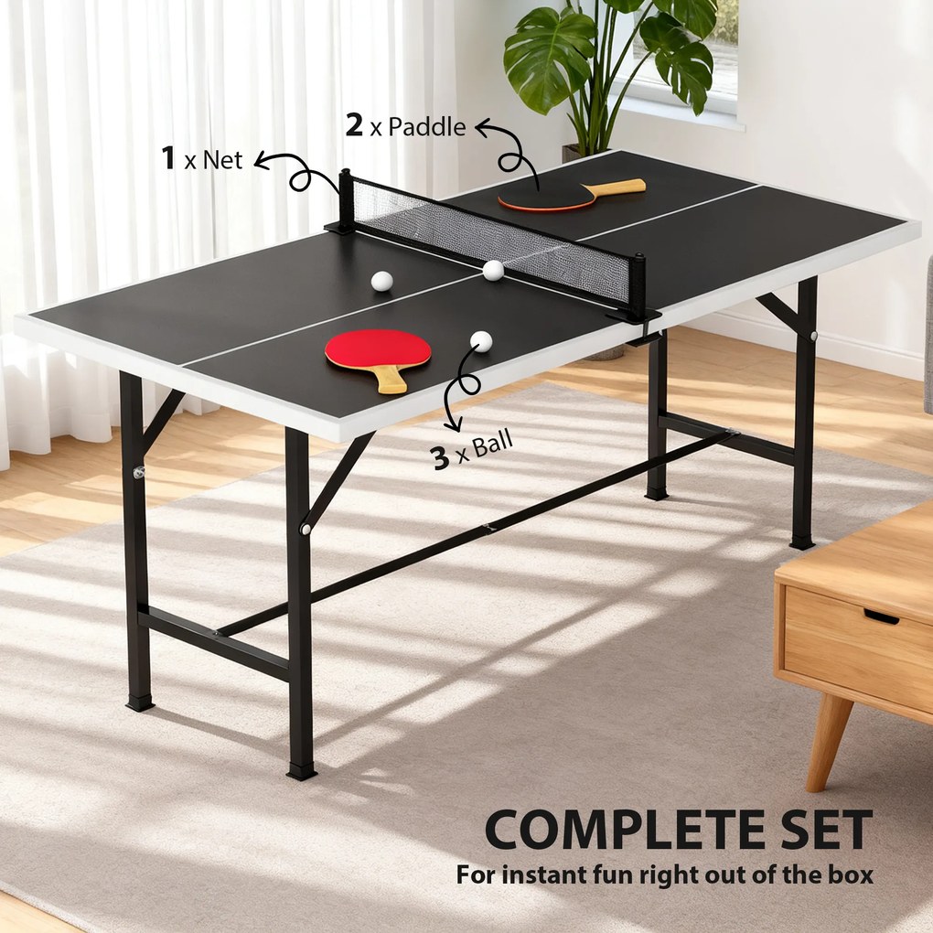 Mini Mesa de Ping Pong Dobrável 152x76 cm para Exterior com Rede 2 Raquetes e 3 Bolas Fácil de Transportar Preto