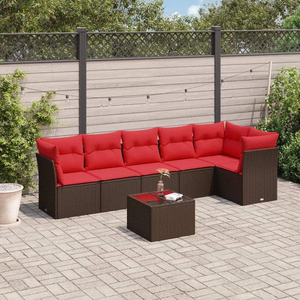 vidaXL 7 pcs conjunto de sofás jardim c/ almofadões vime PE castanho