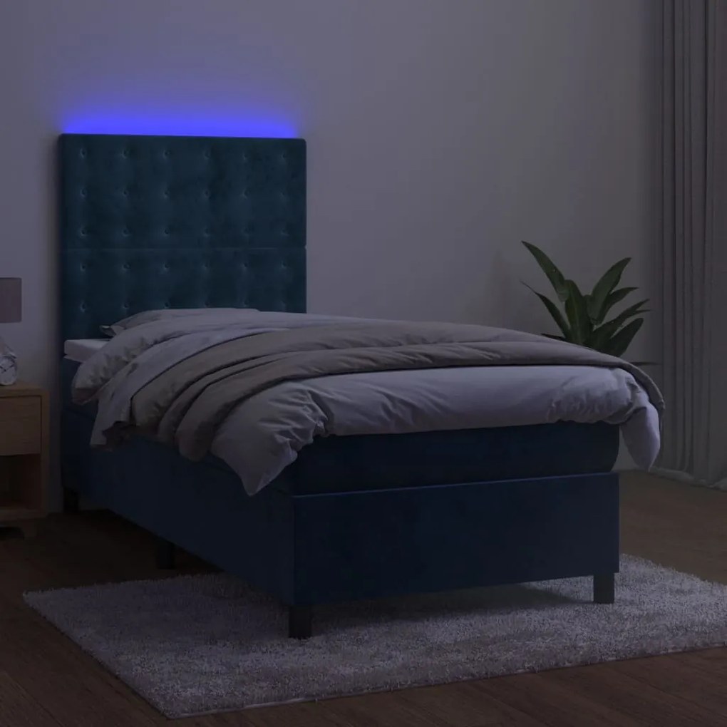 Cama box spring c/ colchão/LED 90x200 cm veludo azul-escuro