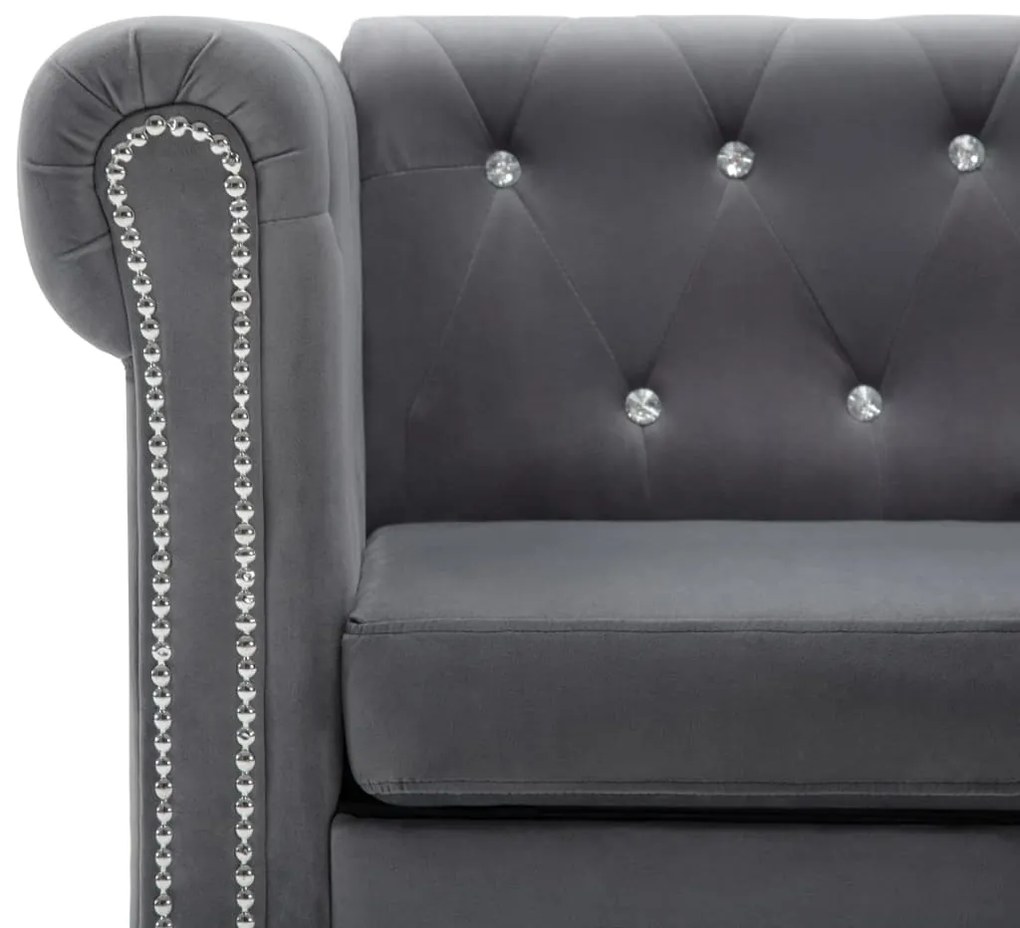 Sofá chesterfield três lugares veludo 199x75x72cm cinzento