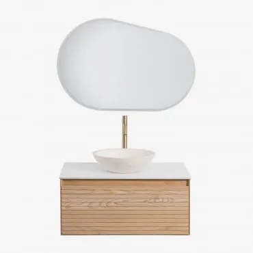 Conjunto De Móvel De Casa De Banho Em Madeira De Freixo Tedrik Castanho Fresno & Cimento Redondo Branco Ø40 Cm Zavion & Oval Led - Sklum