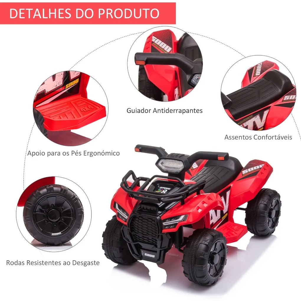 Quadriciclo Elétrico para Crianças de 18-36 Meses Veículo Elétrico a Bateria 6V Infantil com Faróis LED Velocidade 2km/h 66x44x42cm Vermelho