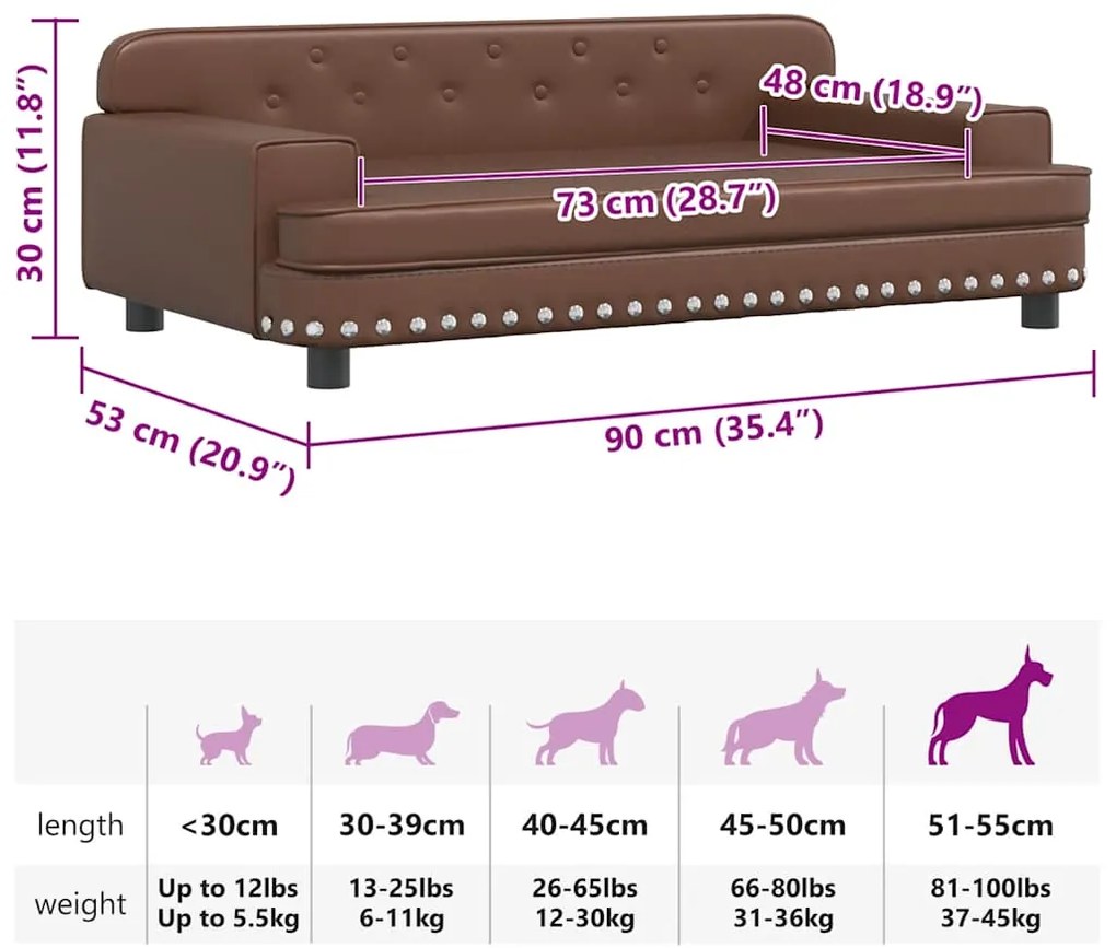 Cama para cães 90x53x30 cm couro artificial castanho