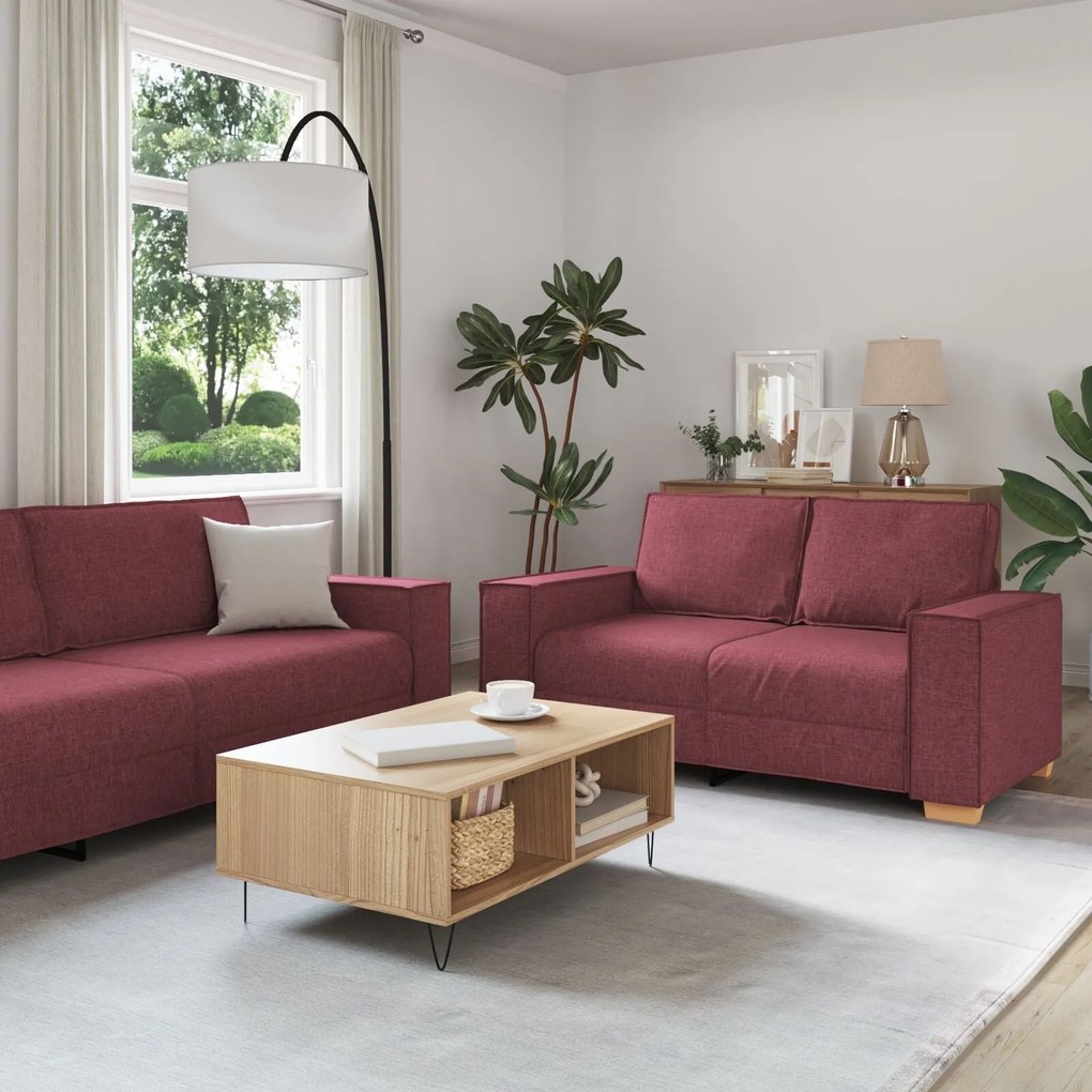 Conjunto de Sofá de 3 Peças com Almofadas Vermelho Vinho